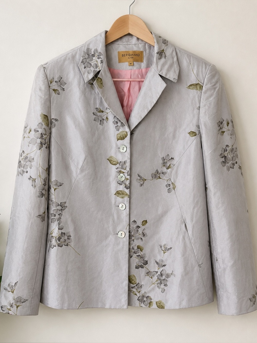 Vintage Bergamo by EBI Floral Blazer Jacket Women’s Size 14 Gray Pink Lined
